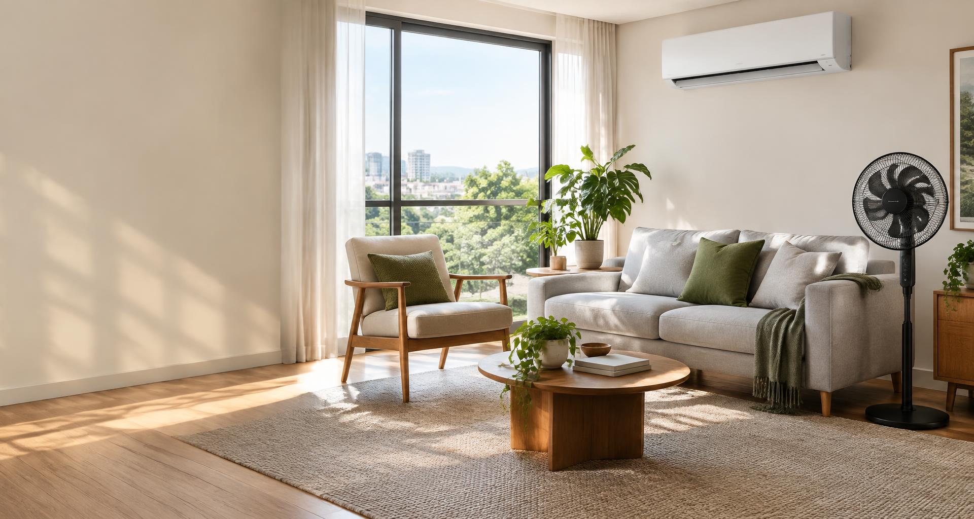 Sala confortável com sofá, poltrona, ventilador e ar-condicionado