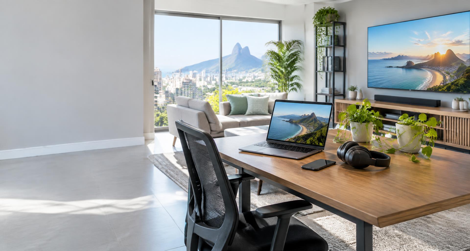 Sala com televisão, notebook, smartphone e fones de ouvido