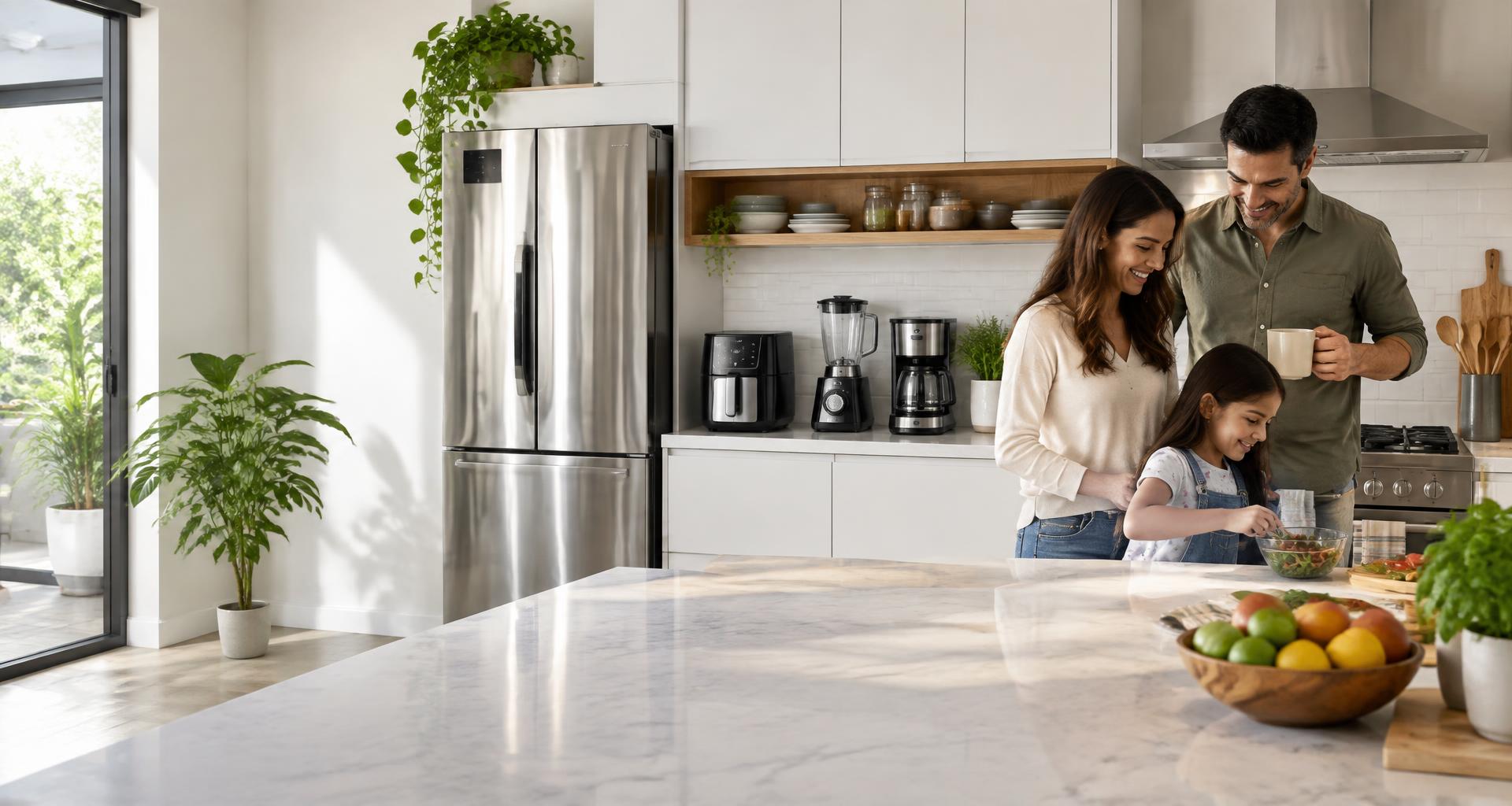 Cozinha equipada com geladeira, fogão, air fryer, liquidificador e cafeteira